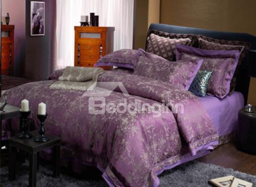 Luxury Purple Floral Pattern Soft Cotton 4-Piece Duvet Cover Sets