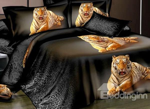Golden Tiger Lying Print 4-Piece Polyester Duvet Cover Sets