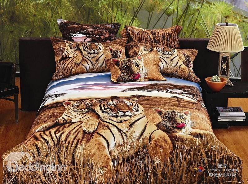 New Arrival Realistic Tiger In Jungle Reactive Printing 4 Piece Duvet Cover Bedding Sets