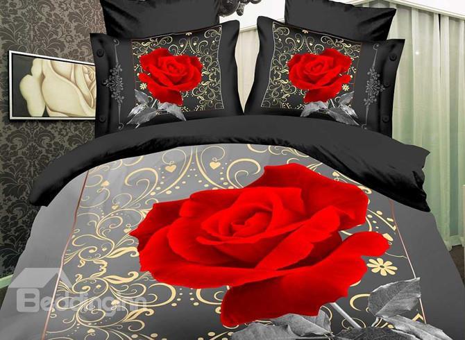 High Quality Romantic Rose Print 4 Piece Polyester 3d Bedding Sets