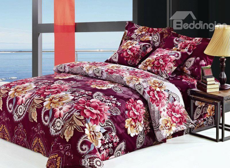 Luxury Burgundy Floral Pattern 4 Piece Cotton Duvet Cover Sets