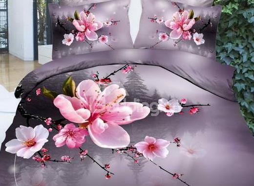 New Arrival Beautiful Pink Plum Blossoms Print 4 Piece Bedding Sets