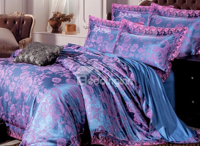 Charming Pink Rose Print And Lace Trim Edge 4-Piece Duvet Cover Sets