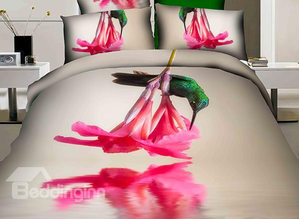 Green Hummingbird And Flower Print 4-Piece Cotton Duvet Cover Sets