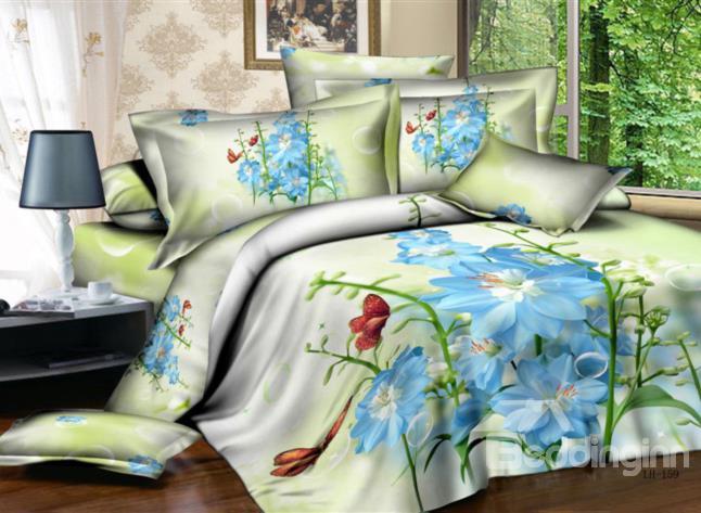 Elegant Blue Flower And Red Butterfly Print 4 Piece Cotton Duvet
