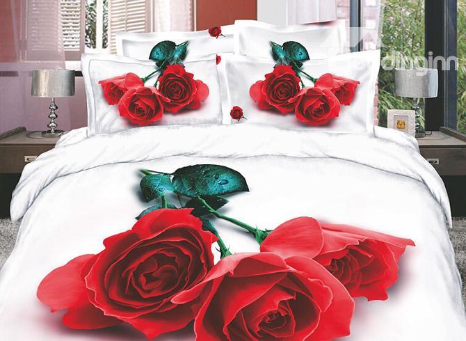 Delicate And Charming Red Rose 4 Piece Cotton Bedding Sets With Printing 10486341)