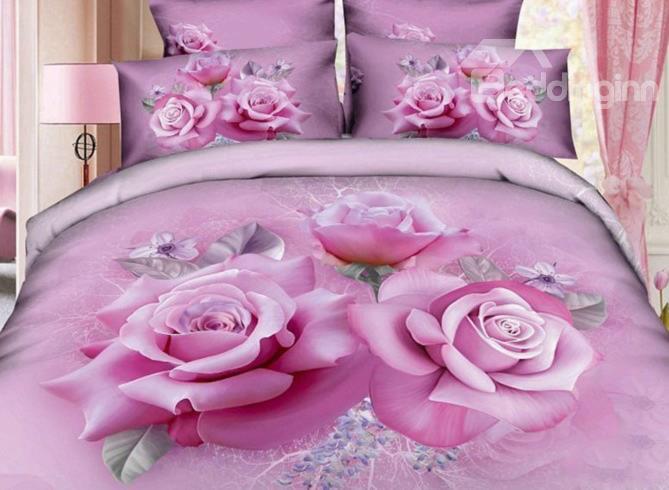 Charming Pink Roses Print 4-Piece Duvet Cover Sets