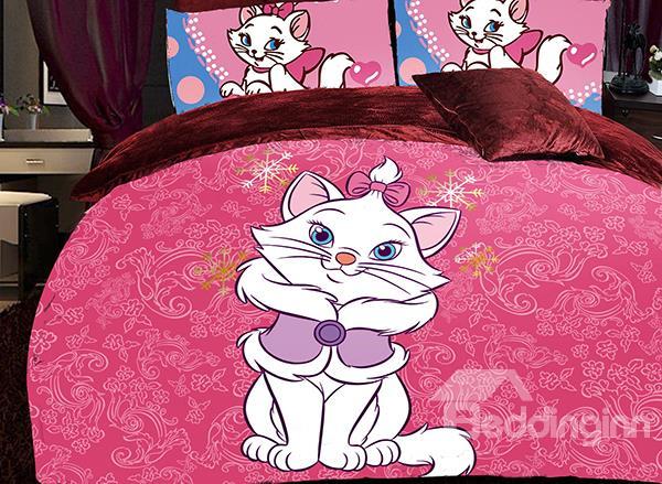 Lovely White Cat With Pink Background Print 4-Piece Coral Fleece Duvet Cover Set