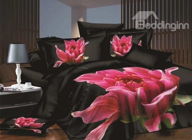 Fancy Pink Flower Blooming In Darkness Print 4-Piece Polyester 3d Duvet Cover Sets
