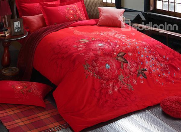 Peacock And Flower Print 4-Piece Cotton Duvet Cover Sets