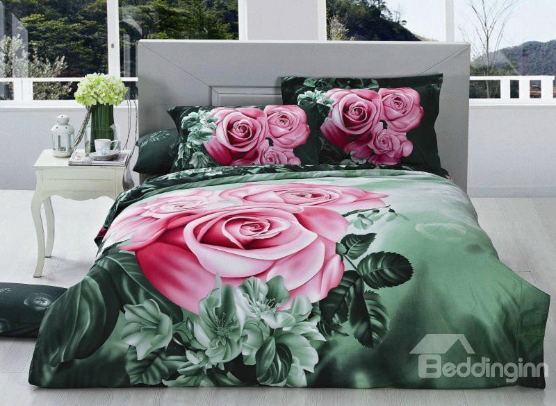 Fabulous Pink Rose And Green Leaves Print 4 Piece Cotton Duvet