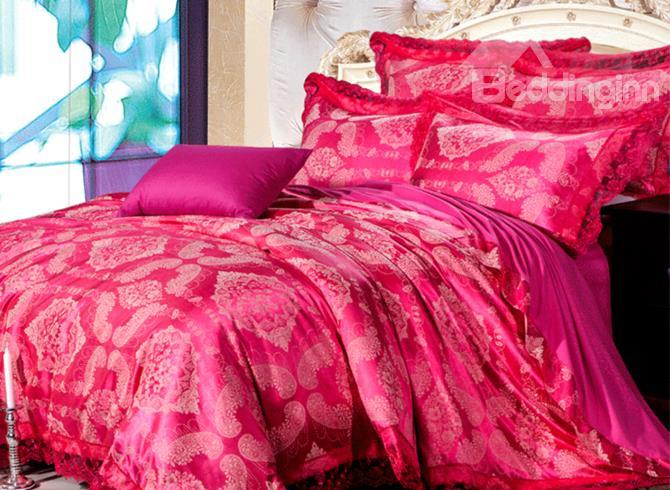 High Quality Red Floral Lace Edging 4-Piece Stain Duvet Cover Sets