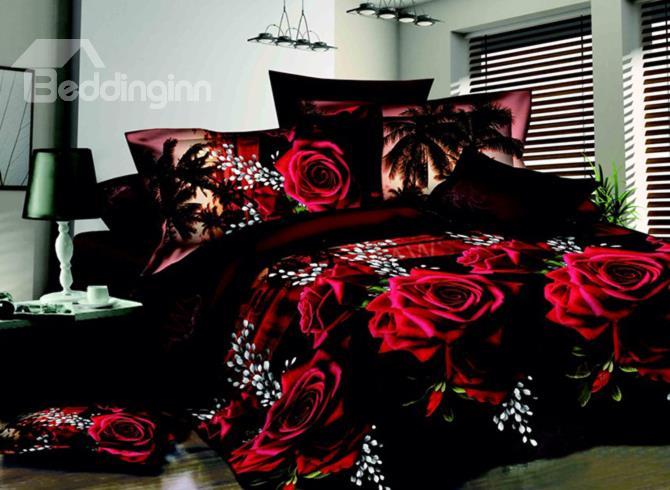 Bright Red Flowers Print 4-Piece 3d Polyester Duvet Cover Sets